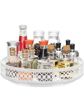 New White 11 inch Metal Lazy Susan Rotating Spice Rack Cabinet Pantry Tray